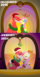 Size: 2160x4155 | Tagged: safe, anonymous artist, big macintosh, fluttershy, earth pony, pegasus, pony, series:fm holidays, g4, 2018, 2024, antlers, art evolution, bell, bell collar, christmas, christmas lights, christmas sweater, christmas wreath, clothes, collar, comparison, costume, earmuffs, eyes closed, fake antlers, fake beard, fake nose, female, hat, high res, holiday, kiss on the lips, kissing, lineless, male, mare, mistletoe, red nose, reindeer antlers, remake, santa costume, santa hat, ship:fluttermac, shipping, sitting, smiling, stallion, straight, sweater, text, wings, wreath