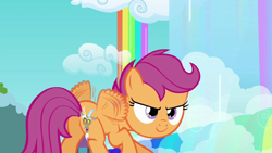 Size: 1280x720 | Tagged: safe, anonymous artist, anonymous editor, edit, edited screencap, screencap, discord, scootaloo, draconequus, pegasus, pony, g4, butt, evil grin, female, filly, foal, grin, male, plot, rainbow waterfall, scootabutt, smiling