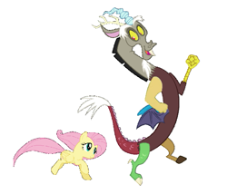 Size: 695x596 | Tagged: safe, anonymous artist, anonymous editor, discord, fluttershy, draconequus, pegasus, pony, g4, best friend, best friends, exercise, fist, friend, friends, jogging, open mouth, running, simple background, smiling, vector, white background