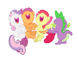Size: 385x291 | Tagged: safe, anonymous artist, apple bloom, scootaloo, spike, sweetie belle, dragon, earth pony, pegasus, pony, unicorn, g4, best friend, best friends, butt, cutie mark crusaders, feather, female, filly, foal, friend, friends, laughing, male, revenge, simple background, tickle torture, tickling, white background