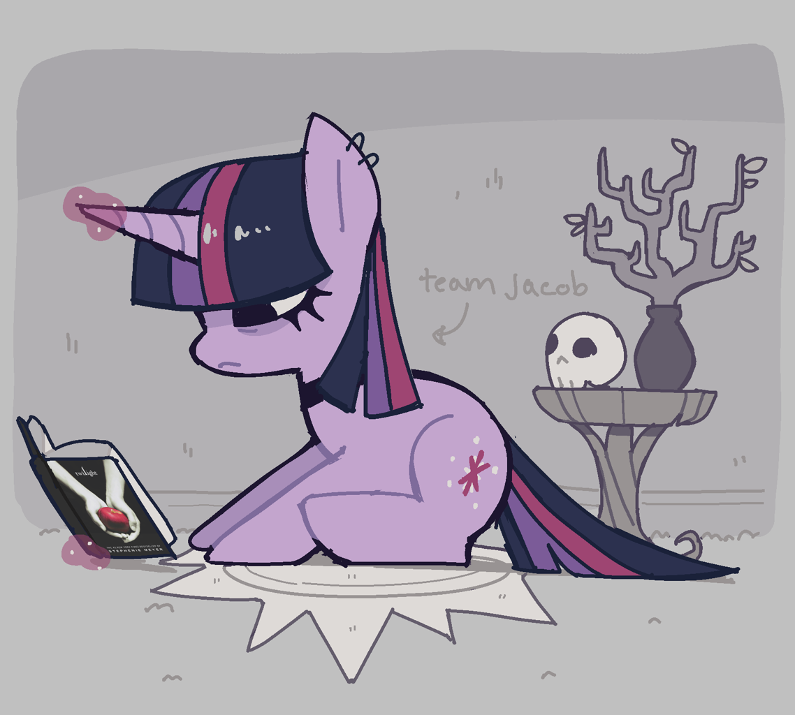 [book,choker,earring,emo,female,glowing,glowing horn,goth,horn,jewelry,magic,makeup,mare,piercing,plant,pony,reading,safe,sitting,skull,solo,table,text,twilight (series),twilight sparkle,unicorn,human skull,bags under eyes,ear piercing,potted plant,unicorn twilight,gray background,artist:syrupyyy,goth twilight sparkle]