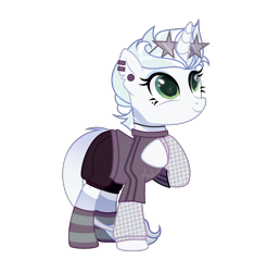 Size: 2874x2925 | Tagged: safe, artist:thinkywhynky, oc, oc only, oc:trinitty, pony, unicorn, 2024 community collab, derpibooru community collaboration, choker, clothes, commission, ear piercing, earring, female, jewelry, leonine tail, mare, piercing, raised hoof, shirt, shorts, simple background, socks, solo, striped socks, sunglasses, sunglasses on head, t-shirt, tail, transparent background, ych result