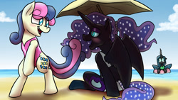 Size: 1920x1080 | Tagged: safe, artist:timsplosion, bon bon, nightmare moon, queen chrysalis, sweetie drops, changeling, changeling queen, earth pony, pony, unicorn, g4, beach, beach umbrella, bikini, bipedal, blushing, clothes, crack shipping, duo focus, female, flirting, heartbreak, inner tube, lesbian, love triangle, mare, missing accessory, ocean, one-piece swimsuit, pink swimsuit, pool toy, ship:nighmarebon, shipping, swimsuit, teary eyes, water