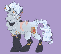 Size: 1367x1211 | Tagged: safe, artist:ghostunes, oc, oc only, oc:candor do, bandana, chains, clothes, coat markings, curly hair, curly mane, curly tail, ear piercing, earring, female, grin, gritted teeth, happy, jewelry, lesbian, looking at you, magical lesbian spawn, offspring, parent:daring do, parent:trixie, piercing, purple background, raised hoof, scar, simple background, smiling, smiling at you, socks, solo, spots, tail, teeth