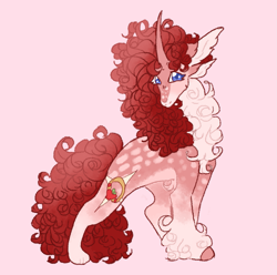 Size: 1361x1348 | Tagged: safe, artist:ghostunes, oc, oc only, oc:candy apple rings, pony, unicorn, alternate design, alternate universe, blaze (coat marking), chest fluff, coat markings, curly hair, curly mane, curved horn, cute, facial markings, gradient hooves, hoof fluff, horn, looking at you, magical lesbian spawn, multiple ears, next generation, offspring, parent:applejack, parent:rarity, parents:rarijack, paws, pink background, pony oc, red hair, simple background, spots, unicorn oc