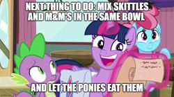 Size: 888x499 | Tagged: safe, edit, edited screencap, editor:twi clown, screencap, cup cake, spike, twilight sparkle, alicorn, dragon, pony, a trivial pursuit, g4, bag, caption, female, food, happy, image macro, male, mare, pure unfiltered evil, saddle bag, scroll, text, trolling, twilight sparkle (alicorn)
