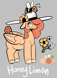 Size: 597x810 | Tagged: safe, artist:myahster, oc, oc:honeylimón, bee, insect, pegasus, pony, cutie mark, female, flower, glasses, hat, mare, not fluttershy, reference sheet, solo, sun hat