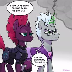Size: 2048x2048 | Tagged: safe, artist:pfeffaroo, tempest shadow, oc, oc:scope, pony, unicorn, armor, broken horn, dialogue, duo, female, glasses, gradient background, horn, i think we're gonna have to kill this guy, male, mare, meme, raised hoof, royal guard, royal guard armor, smoke, stallion, subverted meme, unicorn royal guard