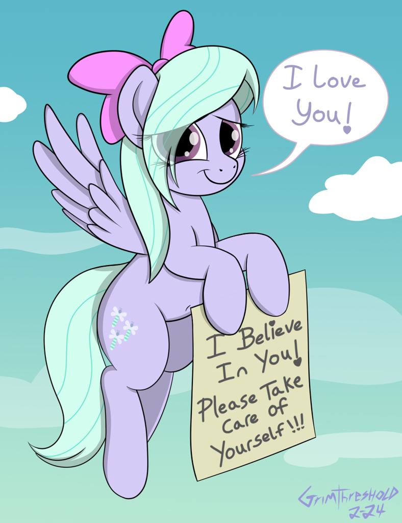 [cute,female,flitter,flying,looking at you,mare,motivational,pegasus,pony,safe,sign,sky,solo,speech bubble,talking to viewer,flitterbetes,positive ponies,smiling,smiling at you,artist:grimthreshold]