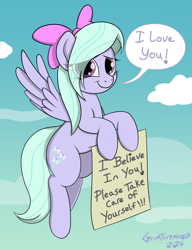 Size: 1000x1300 | Tagged: safe, artist:grimthreshold, flitter, pegasus, pony, g4, belly button, cute, eye clipping through hair, female, flitterbetes, flying, looking at you, mare, motivational, positive ponies, sign, sky, smiling, smiling at you, solo, speech bubble, talking to viewer