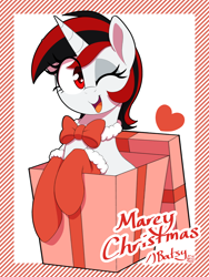 Size: 1500x2000 | Tagged: safe, artist:thebatfang, oc, oc only, oc:blackjack, pony, unicorn, fallout equestria, fallout equestria: project horizons, bowtie, christmas, clothes, cute, female, heart, holiday, horn, mare, merry christmas, one eye closed, open mouth, open smile, passepartout, present, red and black mane, red eyes, smiling, socks, solo, unicorn oc, wink