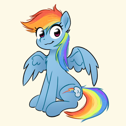 Size: 1936x1938 | Tagged: safe, artist:notfocks, rainbow dash, pegasus, pony, g4, :3, chest fluff, cute, dashabetes, eye clipping through hair, female, folded wings, looking at you, mare, partially open wings, simple background, sitting, smiling, smiling at you, solo, spread wings, tail, white background, wings, yellow background