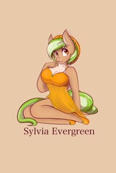 Size: 1365x2048 | Tagged: safe, artist:mscolorsplash, oc, oc only, oc:sylvia evergreen, pegasus, anthro, plantigrade anthro, art trade, beige background, big breasts, breasts, busty oc, cleavage, clothes, dress, female, grin, hat, kneeling, looking away, see-through, simple background, sitting, smiling, solo