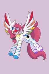 Size: 1365x2048 | Tagged: safe, artist:mscolorsplash, oc, oc only, hybrid, pegasus, zony, colored wings, fusion, multicolored wings, open mouth, open smile, purple background, rainbow wings, simple background, smiling, solo, spread wings, wings