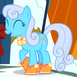 Size: 381x379 | Tagged: safe, screencap, linky, shoeshine, earth pony, pony, g4, my little pony best gift ever, ^^, background pony, clothes, cropped, eyes closed, female, mare, open mouth, open smile, outfit catalog, raised hoof, scarf, shoes, smiling, solo, talking, winter outfit