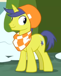 Size: 382x476 | Tagged: safe, screencap, comet tail, pony, unicorn, best gift ever, g4, background pony, clothes, cropped, hat, male, neck warmer, smiling, solo, stallion, winter hat, winter outfit