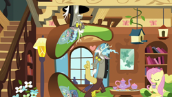 Size: 1280x720 | Tagged: safe, screencap, discord, fluttershy, draconequus, pegasus, pony, discordant harmony, g4, cup, fluttershy's cottage (interior), food, pointing, sandwich, smiling, teacup, teapot