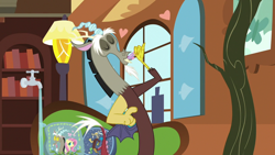 Size: 1280x720 | Tagged: safe, screencap, discord, draconequus, discordant harmony, g4, cup, fluttershy's cottage (interior), solo, teacup