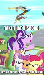 Size: 500x843 | Tagged: safe, edit, edited screencap, screencap, apple bloom, discord, scootaloo, starlight glimmer, sweetie belle, draconequus, pegasus, pony, unicorn, a matter of principals, g4, one bad apple, angry, blast, caption, cutie mark crusaders, female, filly, foal, imgflip, magic, magic blast, text, toy story, toy story 2