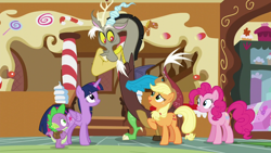 Size: 1280x720 | Tagged: safe, screencap, applejack, discord, pinkie pie, spike, twilight sparkle, alicorn, draconequus, earth pony, pony, g4, what about discord?, reassurance, sugarcube corner, twilight sparkle (alicorn)