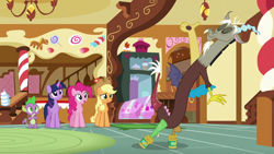 Size: 1280x720 | Tagged: safe, screencap, applejack, discord, pinkie pie, spike, twilight sparkle, alicorn, draconequus, dragon, g4, what about discord?, dancing, smiling, sugarcube corner, twilight sparkle (alicorn)