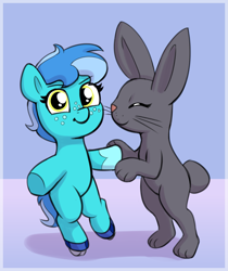Size: 1857x2208 | Tagged: safe, artist:heretichesh, oc, oc only, oc:cardamom, oc:saltwater toffy, earth pony, pony, rabbit, animal, bipedal, cute, duo, eyes closed, female, filly, foal, freckles, looking at you, ocbetes, pet oc, roller skates, skates, smiling, smiling at you, underhoof