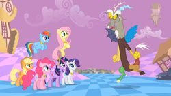Size: 1280x720 | Tagged: safe, screencap, applejack, discord, fluttershy, pinkie pie, rainbow dash, rarity, twilight sparkle, draconequus, g4, the return of harmony, angry, big crown thingy, chaos, discorded landscape, element of generosity, element of honesty, element of kindness, element of laughter, element of loyalty, element of magic, elements of harmony, floating island, jewelry, regalia