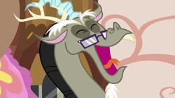 Size: 1280x720 | Tagged: safe, screencap, discord, draconequus, discordant harmony, g4, discord's house, glasses, laughing, solo