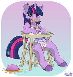 Size: 1800x1900 | Tagged: safe, artist:stargal galexi, twilight sparkle, anthro, unguligrade anthro, g4, abdl, adorkable, age regression, bib, chair, cute, diaper, diaper fetish, dork, eating, fetish, gradient background, highchair, messy eating, sitting, smiling, solo, younger