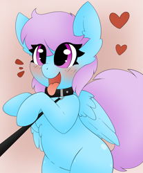 Size: 2489x3000 | Tagged: safe, artist:pegamutt, oc, oc only, oc:meadowsong, pegasus, pony, behaving like a dog, collar, commission, happy, heart, leash, pegasus oc, pet play, simple background, solo, tongue out, ych result