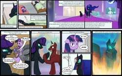 Size: 1280x800 | Tagged: safe, artist:sevireth, princess luna, twilight sparkle, oc, oc:nyx, alicorn, pegasus, pony, unicorn, tumblr:nyx contacts, g4, armor, bandage, bed, body cast, bush, clothes, comic, couch, dialogue box, fire, glasses, helmet, horn, hospital, hospital bed, hospital room, jewelry, nightmare nyx, nonet, older, older nyx, pegasus oc, peytral, project iris, shoes, speech bubble, stained glass, sword, throne room, tiara, tumblr comic, unicorn oc, unicorn twilight, uniform, water, waterfall, weapon