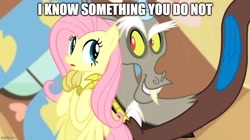Size: 888x499 | Tagged: safe, edit, edited screencap, screencap, discord, fluttershy, draconequus, pony, g4, keep calm and flutter on, caption, element of kindness, fluttershy's cottage (interior), image macro, imgflip, text