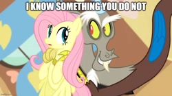 Size: 888x499 | Tagged: safe, edit, edited screencap, screencap, discord, fluttershy, draconequus, pony, g4, keep calm and flutter on, my little pony: friendship is magic, caption, element of kindness, fluttershy's cottage (interior), image macro, imgflip, text