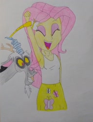 Size: 2820x3692 | Tagged: safe, anonymous artist, discord, fluttershy, draconequus, human, equestria girls, g4, armpits, arms in the air, best friend, best friends, big grin, big smile, clothes, colored, duo, duo male and female, excited, excitement, eyes closed, female, friend, friends, grin, laughing, male, shirt, sleeveless, sleeveless shirt, smiling, tank top, tickling, traditional art