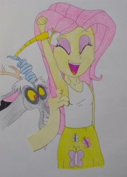 Size: 2455x3437 | Tagged: safe, anonymous artist, discord, fluttershy, draconequus, human, equestria girls, g4, armpit tickling, armpits, arms in the air, best friend, best friends, big grin, big smile, clothes, colored, duo, duo male and female, excited, excitement, eyes closed, female, friend, friends, grin, laughing, male, modular, personal space invasion, shirt, sleeveless, sleeveless shirt, smiling, tank top, tickling, traditional art