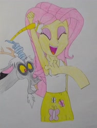 Size: 2703x3578 | Tagged: safe, anonymous artist, discord, fluttershy, draconequus, human, equestria girls, g4, armpit tickling, armpits, arms in the air, best friend, best friends, big grin, big smile, clothes, colored, disembodied hand, excited, excitement, eyes closed, female, friend, friends, grin, hand, laughing, male, modular, personal space invasion, shirt, sleeveless, sleeveless shirt, smiling, tank top, tickling, traditional art