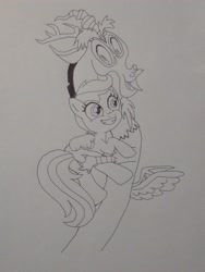 Size: 3072x4096 | Tagged: safe, anonymous artist, discord, scootaloo, draconequus, pony, g4, best friend, best friends, big grin, big smile, butt, butt touch, duo, duo male and female, excited, excitement, female, filly, foal, friend, friends, grin, hand on butt, hug, male, plot, scootabutt, smiling, traditional art