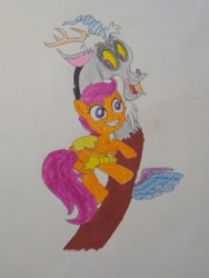 Size: 3072x4096 | Tagged: safe, anonymous artist, discord, scootaloo, draconequus, pony, g4, best friend, best friends, big grin, big smile, butt, butt touch, colored, duo, duo male and female, excited, excitement, female, filly, foal, friend, friends, grin, hand on butt, hug, male, plot, scootabutt, smiling, traditional art