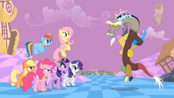 Size: 1280x720 | Tagged: safe, screencap, applejack, discord, fluttershy, pinkie pie, rainbow dash, rarity, twilight sparkle, draconequus, unicorn, g4, the return of harmony, big crown thingy, chaos, checkered floor, discorded landscape, element of generosity, element of honesty, element of kindness, element of laughter, element of loyalty, element of magic, elements of harmony, floating island, hand on hip, jewelry, regalia, unicorn twilight