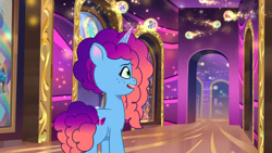 Size: 3072x1727 | Tagged: safe, screencap, izzy moonbow, misty brightdawn, rainbow dash, the smooze, zipp storm, butterfly, pegasus, pony, unicorn, g1, g5, misty-rious new room, my little pony: tell your tale, spoiler:g5, spoiler:my little pony: tell your tale, spoiler:tyts02e05, cute, female, mare, mistybetes, open mouth, open smile, rebirth misty, smiling, solo focus, spread wings, wings