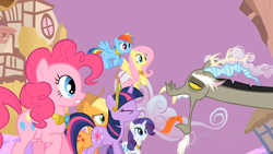 Size: 1280x720 | Tagged: safe, screencap, applejack, discord, fluttershy, pinkie pie, rainbow dash, rarity, twilight sparkle, draconequus, g4, the return of harmony, big crown thingy, chaos, discorded landscape, element of generosity, element of honesty, element of kindness, element of laughter, element of loyalty, element of magic, elements of harmony, jewelry, regalia