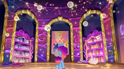 Size: 3072x1727 | Tagged: safe, screencap, discord, misty brightdawn, princess celestia, princess luna, butterfly, pony, unicorn, g5, misty-rious new room, my little pony: tell your tale, spoiler:g5, spoiler:my little pony: tell your tale, spoiler:tyts02e05, female, mare, open mouth, rebirth misty, solo