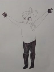Size: 3072x4096 | Tagged: safe, anonymous artist, apple bloom, human, equestria girls, g4, arms in the air, belly, boots, cheering, clothes, excited, excitement, female, gloves, happy, mittens, open mouth, pants, shirt, shirt lift, shoes, solo, stomach, traditional art