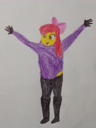 Size: 3072x4096 | Tagged: safe, anonymous artist, apple bloom, human, equestria girls, g4, arms in the air, belly, boots, cheering, clothes, colored, excited, excitement, female, gloves, happy, mittens, open mouth, pants, shirt, shirt lift, shoes, solo, stomach, traditional art