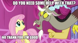 Size: 888x499 | Tagged: safe, edit, edited screencap, screencap, discord, fluttershy, draconequus, pegasus, pony, g4, what about discord?, caption, carousel boutique, imgflip, pointing, smiling, text
