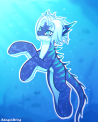 Size: 2000x2500 | Tagged: safe, artist:adagiostring, oc, oc only, fish, merpony, pony, :o, bubble, clothes, coat markings, crepuscular rays, cute, dorsal fin, fin, fins, fish tail, flowing mane, looking up, male, ocean, open mouth, pale belly, scales, seaweed, simple background, solo, spikes, stallion, sunlight, swimming, tail, underwater, water