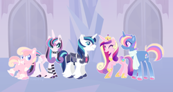 Size: 1524x808 | Tagged: safe, artist:selenaede, artist:y2kitty, princess cadance, princess flurry heart, shining armor, oc, oc:clairvoyance, oc:cupid arrow, alicorn, pegasus, pony, unicorn, g4, base used, colt, concave belly, crown, crystal castle, eyes closed, female, foal, goth, hoof shoes, husband and wife, jewelry, male, mare, offspring, older, older flurry heart, older princess cadance, older shining armor, parent:princess cadance, parent:shining armor, parents:shiningcadance, peytral, physique difference, princess emo heart, princess shoes, regalia, ship:shiningcadance, shipping, slender, smiling, stallion, straight, thin