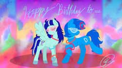 Size: 3840x2160 | Tagged: safe, artist:iamaveryrealperson, oc, oc only, oc:"d", oc:pristine azure, pegasus, pony, unicorn, g4, 2022, abstract background, base used, birthday, blue mane, blue pony, cursive writing, dancing, date (time), duo, eyes closed, female, glow rings, male, mare, party, raised hoof, shutter shades, signature, smiling, spread wings, stallion, sunglasses, teeth, text, tie dye, unshorn fetlocks, wings