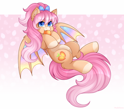 Size: 6048x5320 | Tagged: safe, artist:madelinne, oc, oc only, bat pony, bat pony oc, flying, food, herbivore, looking at you, mango, solo