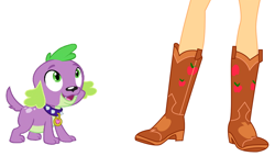 Size: 1144x652 | Tagged: safe, anonymous artist, applejack, spike, dog, human, equestria girls, g4, duo, legs, pictures of legs, simple background, white background